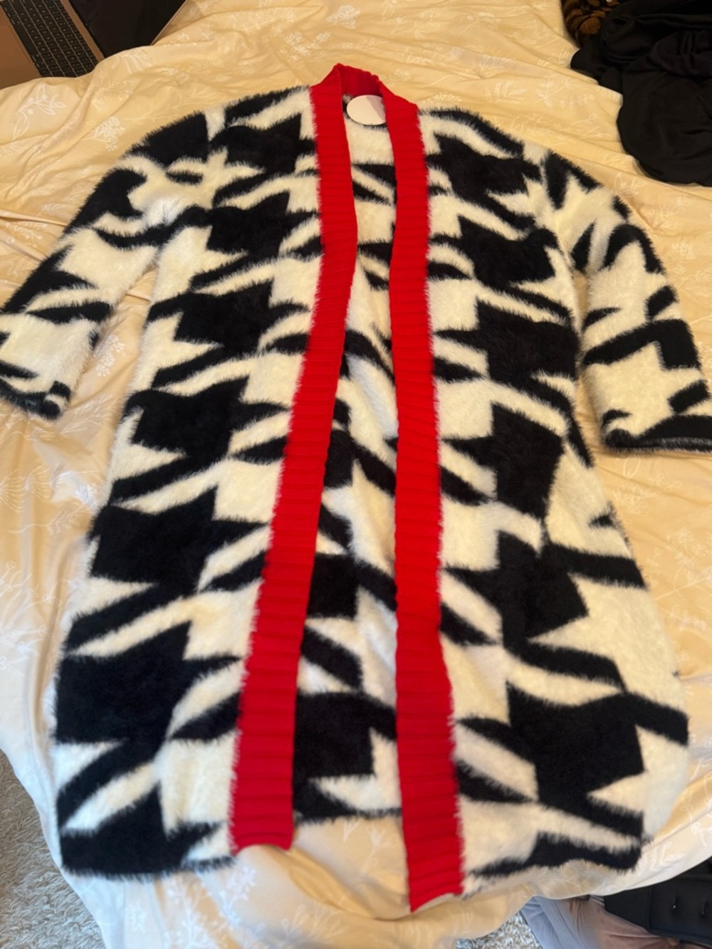 Black, White and Red Open Cardigan with Red Trim